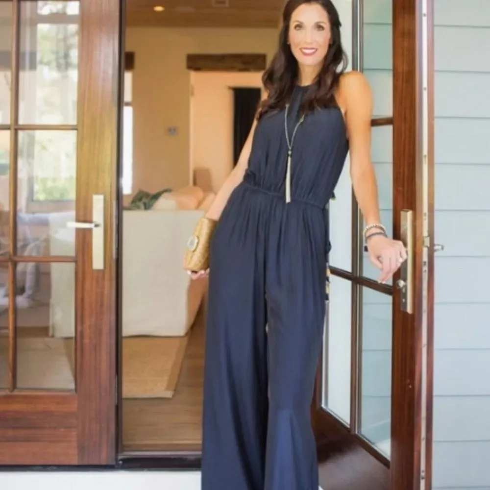 Calypso St Barth Campina Halter Jumpsuit Navy Blue Tassel Tie Wide Leg L